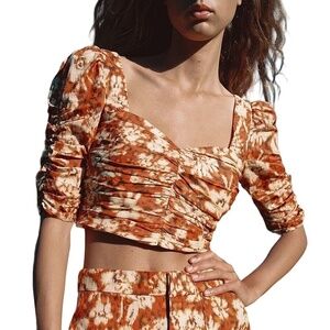 Zara Crop Top Blouse Sweetheart Neck Floral Pleated Bodice Ruched Sleeve NWOT